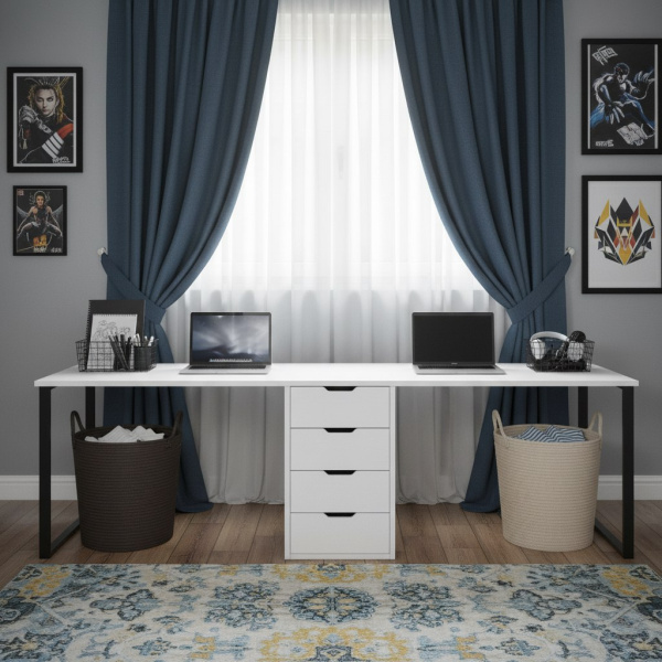 Стол Дуэт 2400 мм (белый + опоры черные). Столешница 22 мм