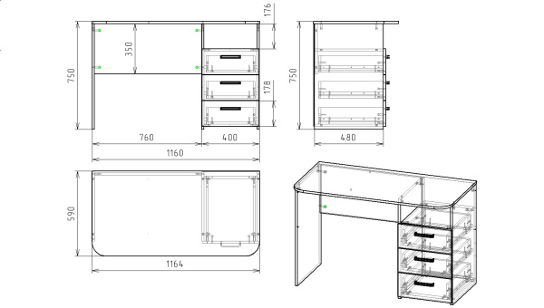 Стол Твой Стиль с 3 ящиками (без принта) от Династия Kids