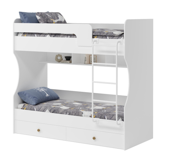 Кровать 2-х ярусная Омега (цвет белый + лестница белая) 190х80