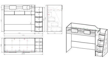 Кровать-чердак 200х90 коллекции Лайт Лофт (дуб каньон + белый) от Династия Kids