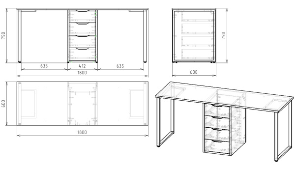 Стол Дуэт 1800 мм (дуб каньон + опоры черные). Столешница 22 мм от Династия Kids
