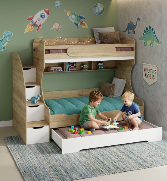 Кровать БИГ 120х200 (корпус дуб сонома + фасады белые) от Династия Kids