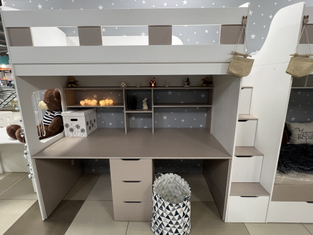 Кровать 3-х ярусная Квартет + стол для 2 детей (велюр + белый)